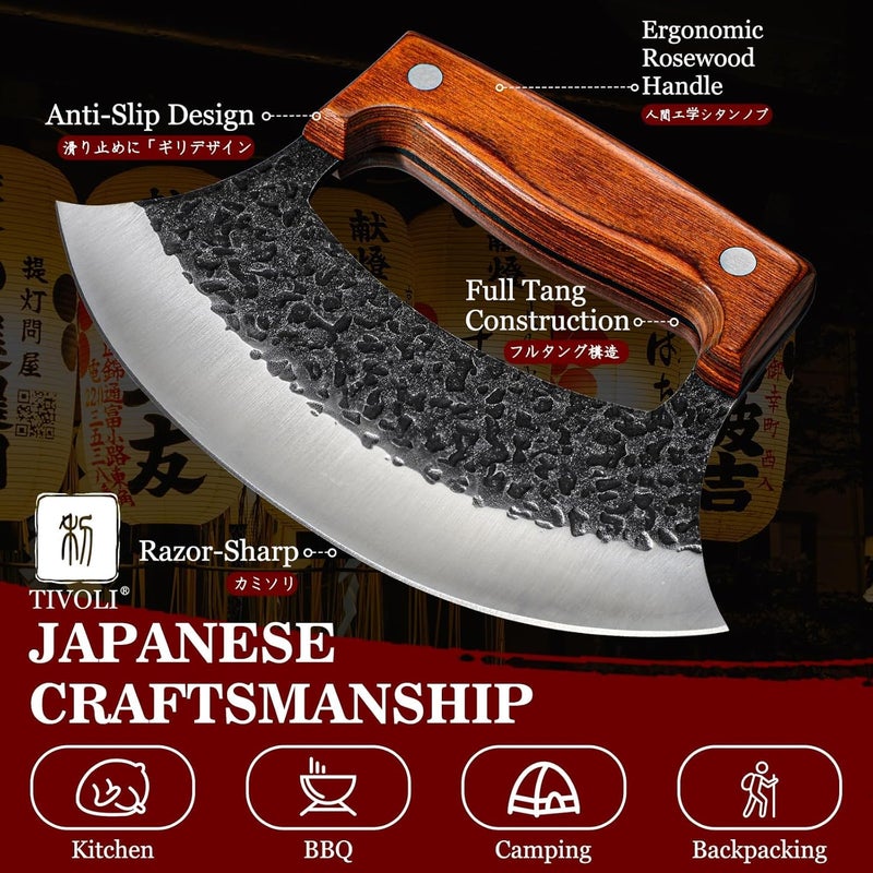 Tivoli Ulu Knife with Wooden Stand – Full Tang High Carbon Steel, Japanese-Inspired Rocker Knife with Gift Box, Mezzaluna Knife & Pizza Cutter for Kitchen, Camping & BBQ, Unique Gift for Men - Image 4